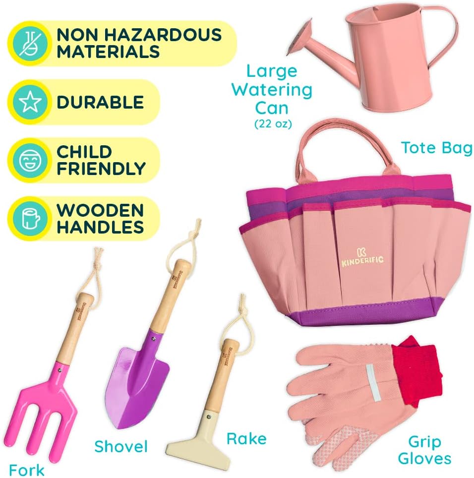 Gardening Set, Tool Kit, for Kids, STEM, Includes Tote Bag, Spade, Watering Can, Rake, Fork, Trowel and Gloves (Sunshine)