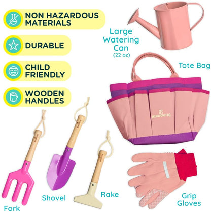 Gardening Set, Tool Kit, for Kids, STEM, Includes Tote Bag, Spade, Watering Can, Rake, Fork, Trowel and Gloves (Sunshine)