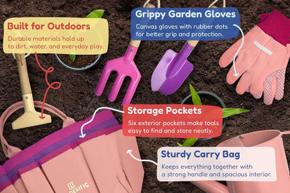 Gardening Set, Tool Kit, for Kids, STEM, Includes Tote Bag, Spade, Watering Can, Rake, Fork, Trowel and Gloves (Sunshine)