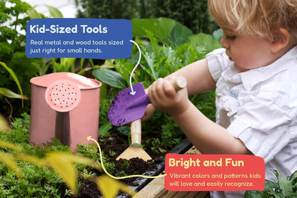 Gardening Set, Tool Kit, for Kids, STEM, Includes Tote Bag, Spade, Watering Can, Rake, Fork, Trowel and Gloves (Sunshine)