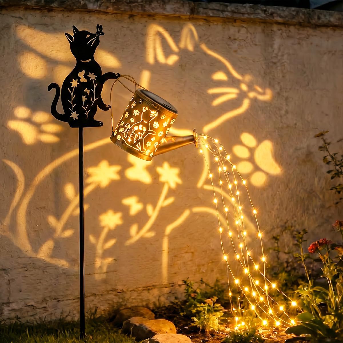 Solar Watering Can Lights with Metal Cat Stake for Garden decoration