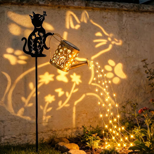 Solar Watering Can Lights with Metal Cat Stake for Garden decoration
