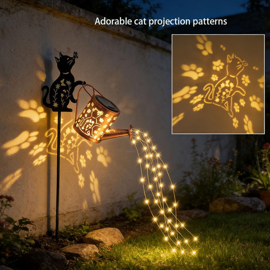 Solar Watering Can Lights with Metal Cat Stake for Garden decoration