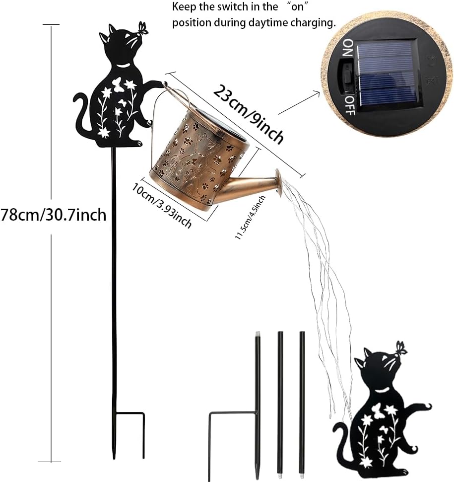 Solar Watering Can Lights with Metal Cat Stake for Garden decoration