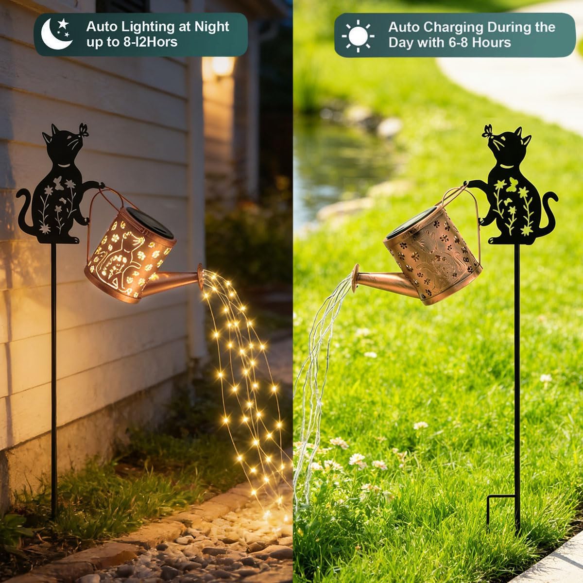 Solar Watering Can Lights with Metal Cat Stake for Garden decoration