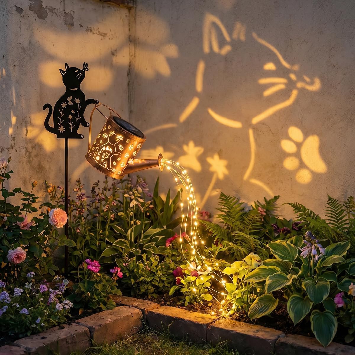Solar Watering Can Lights with Metal Cat Stake for Garden decoration