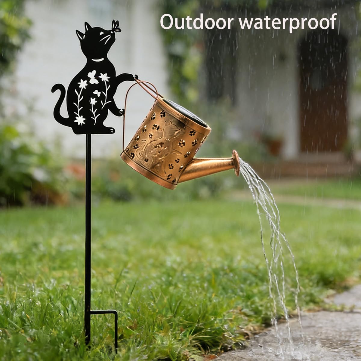 Solar Watering Can Lights with Metal Cat Stake for Garden decoration