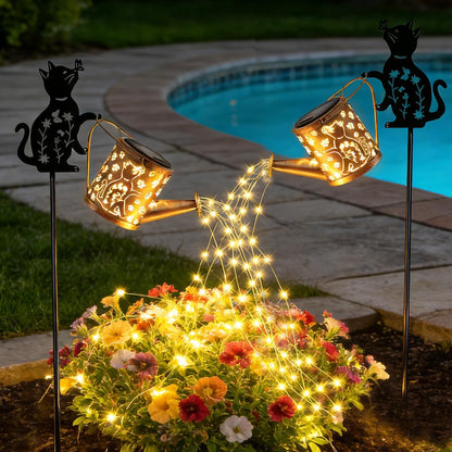 Solar Watering Can Lights with Metal Cat Stake for Garden decoration