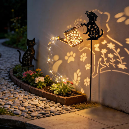 Solar Watering Can Lights with Metal Cat Stake for Garden decoration