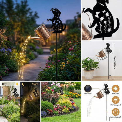 Solar Watering Can Lights with Metal Cat Stake for Garden decoration