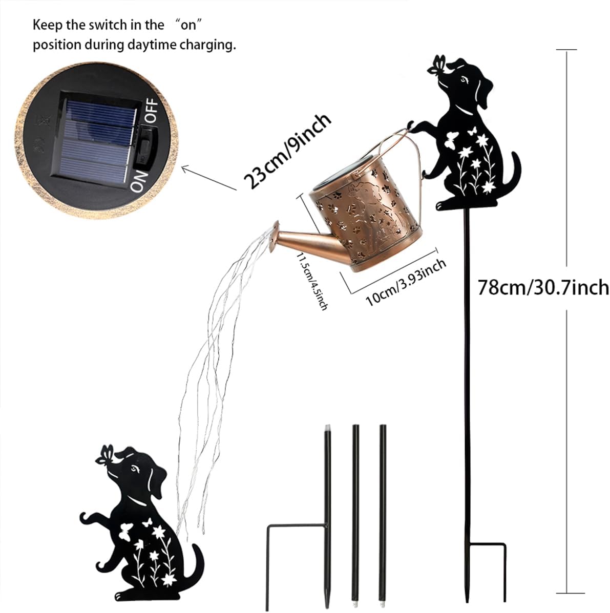 Solar Watering Can Lights with Metal Cat Stake for Garden decoration