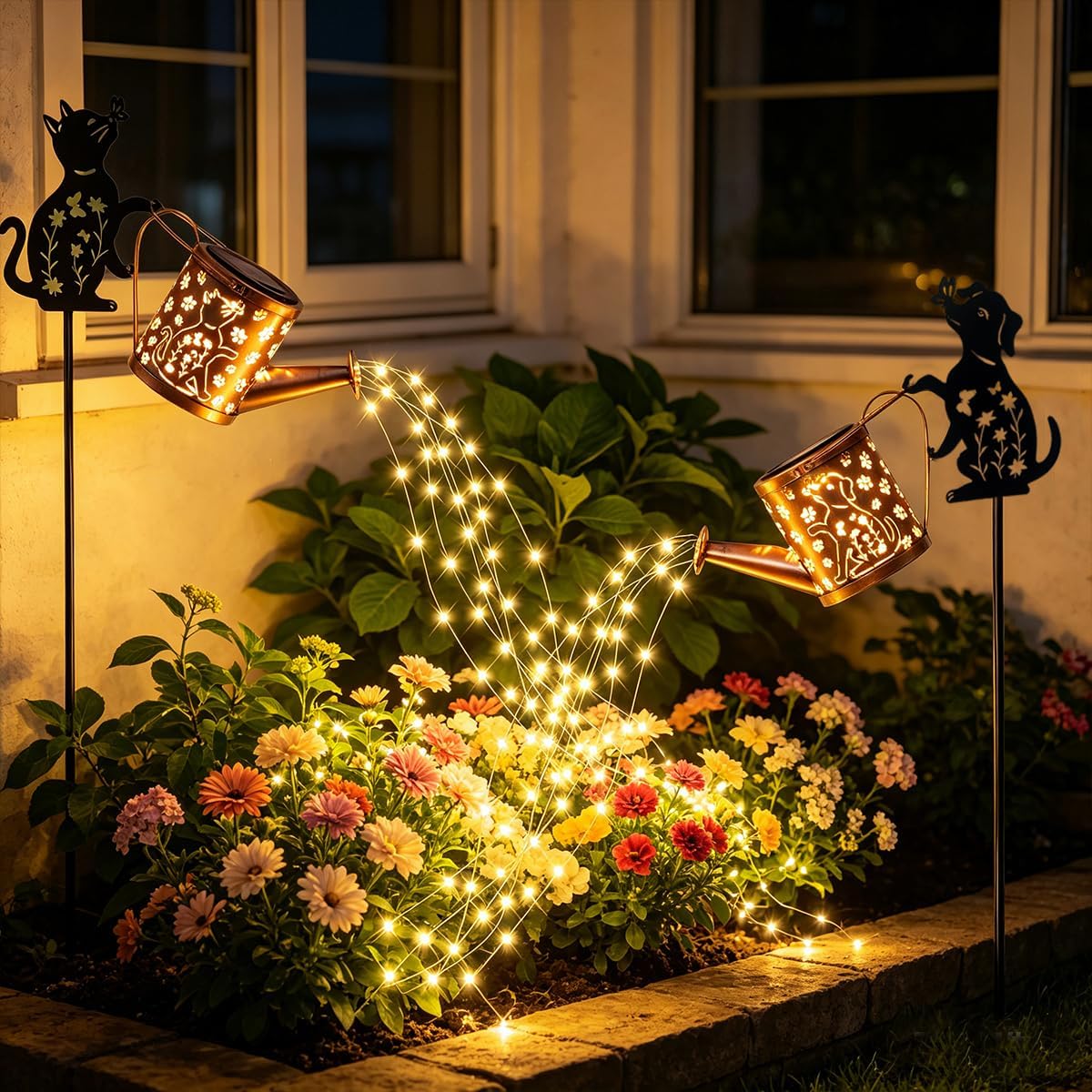 Solar Watering Can Lights with Metal Cat Stake for Garden decoration