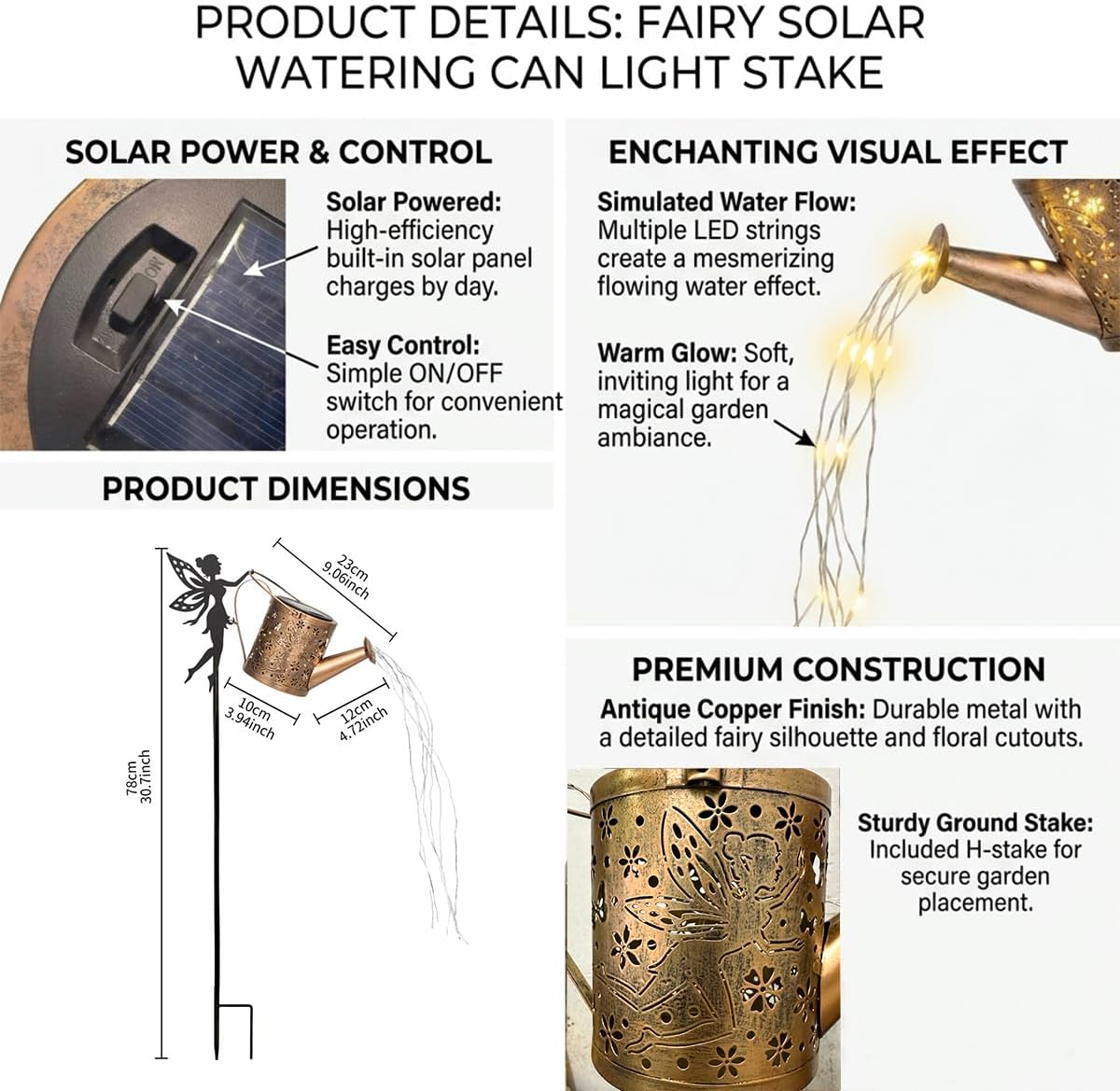 Solar Watering Can Lights with Metal Cat Stake for Garden decoration
