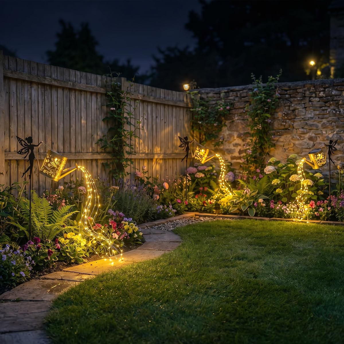Solar Watering Can Lights with Metal Cat Stake for Garden decoration