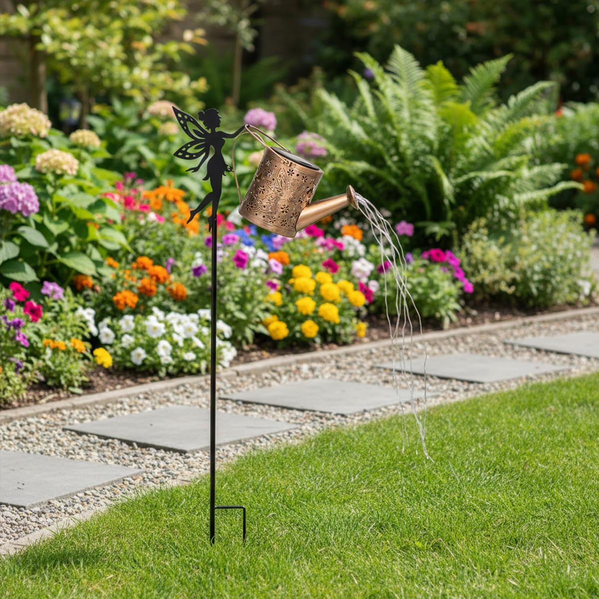 Solar Watering Can Lights with Metal Cat Stake for Garden decoration
