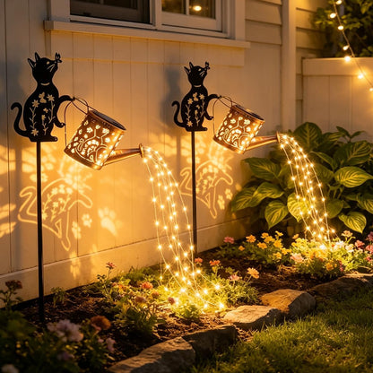 Solar Watering Can Lights with Metal Cat Stake for Garden decoration