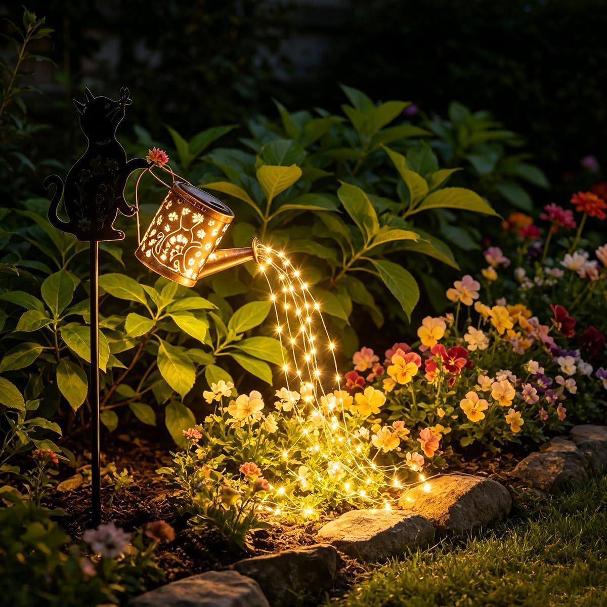 Solar Watering Can Lights with Metal Cat Stake for Garden decoration