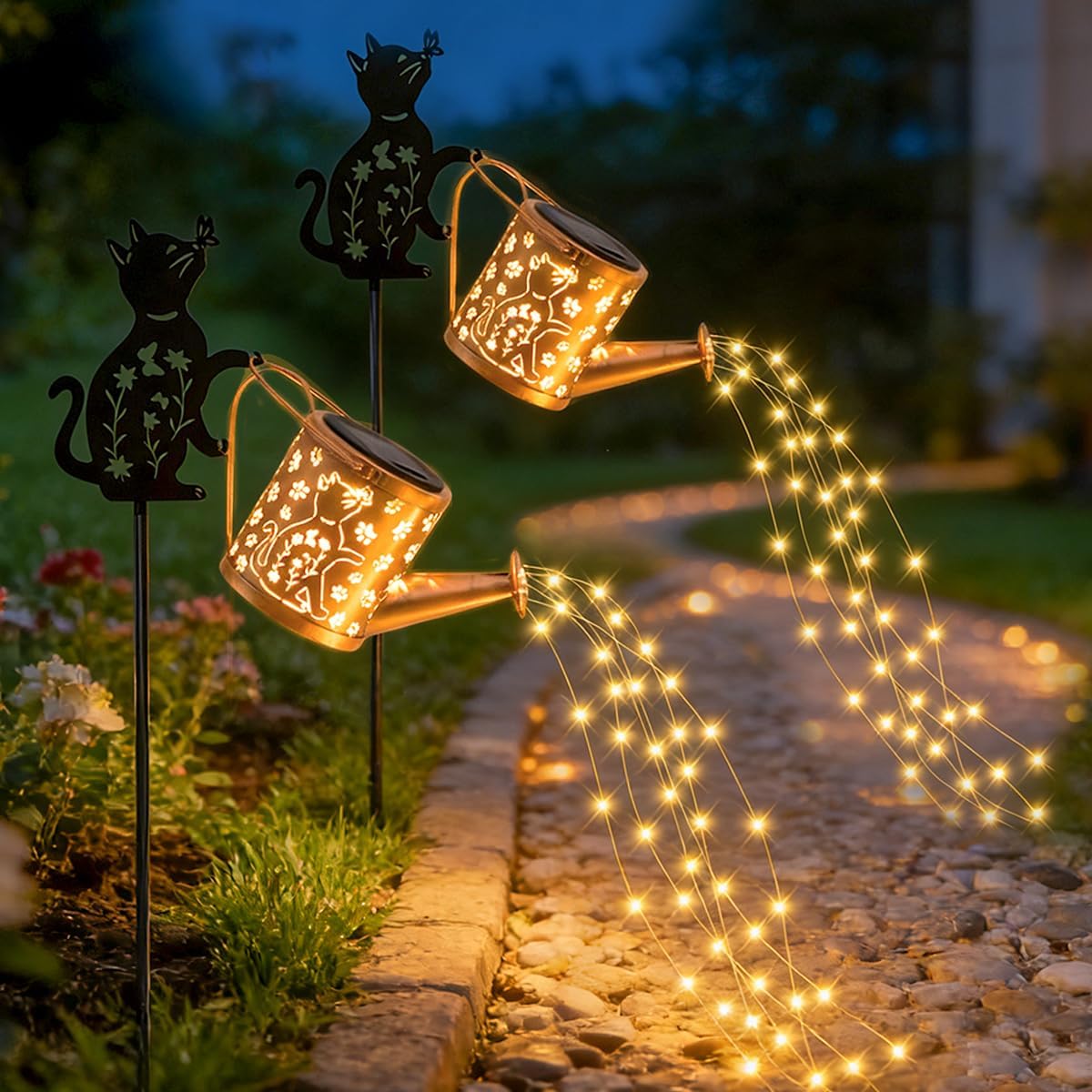 Solar Watering Can Lights with Metal Cat Stake for Garden decoration