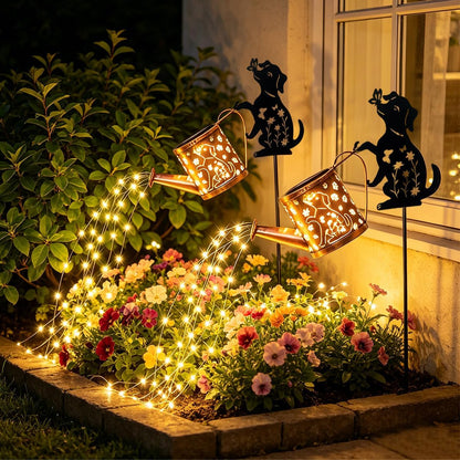 Solar Watering Can Lights with Metal Cat Stake for Garden decoration