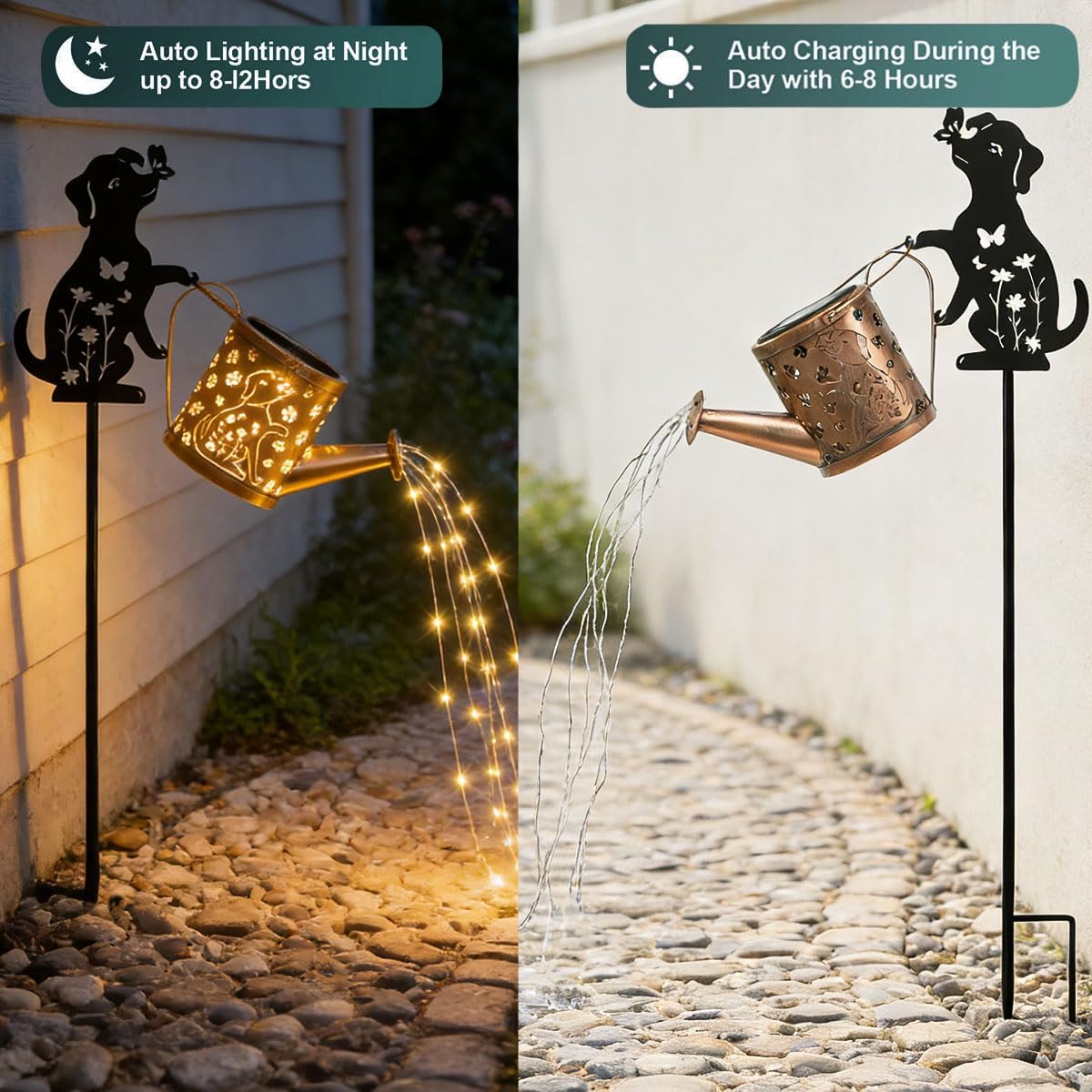 Solar Watering Can Lights with Metal Cat Stake for Garden decoration