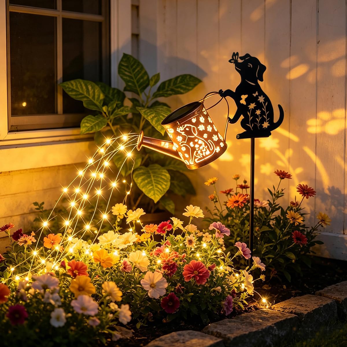 Solar Watering Can Lights with Metal Cat Stake for Garden decoration
