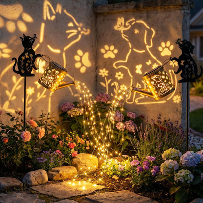 Solar Watering Can Lights with Metal Cat Stake for Garden decoration