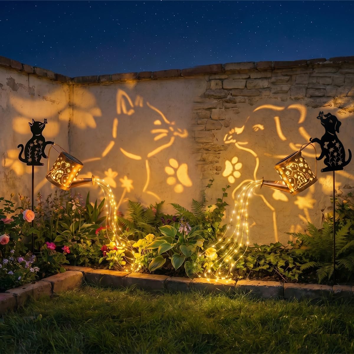 Solar Watering Can Lights with Metal Cat Stake for Garden decoration