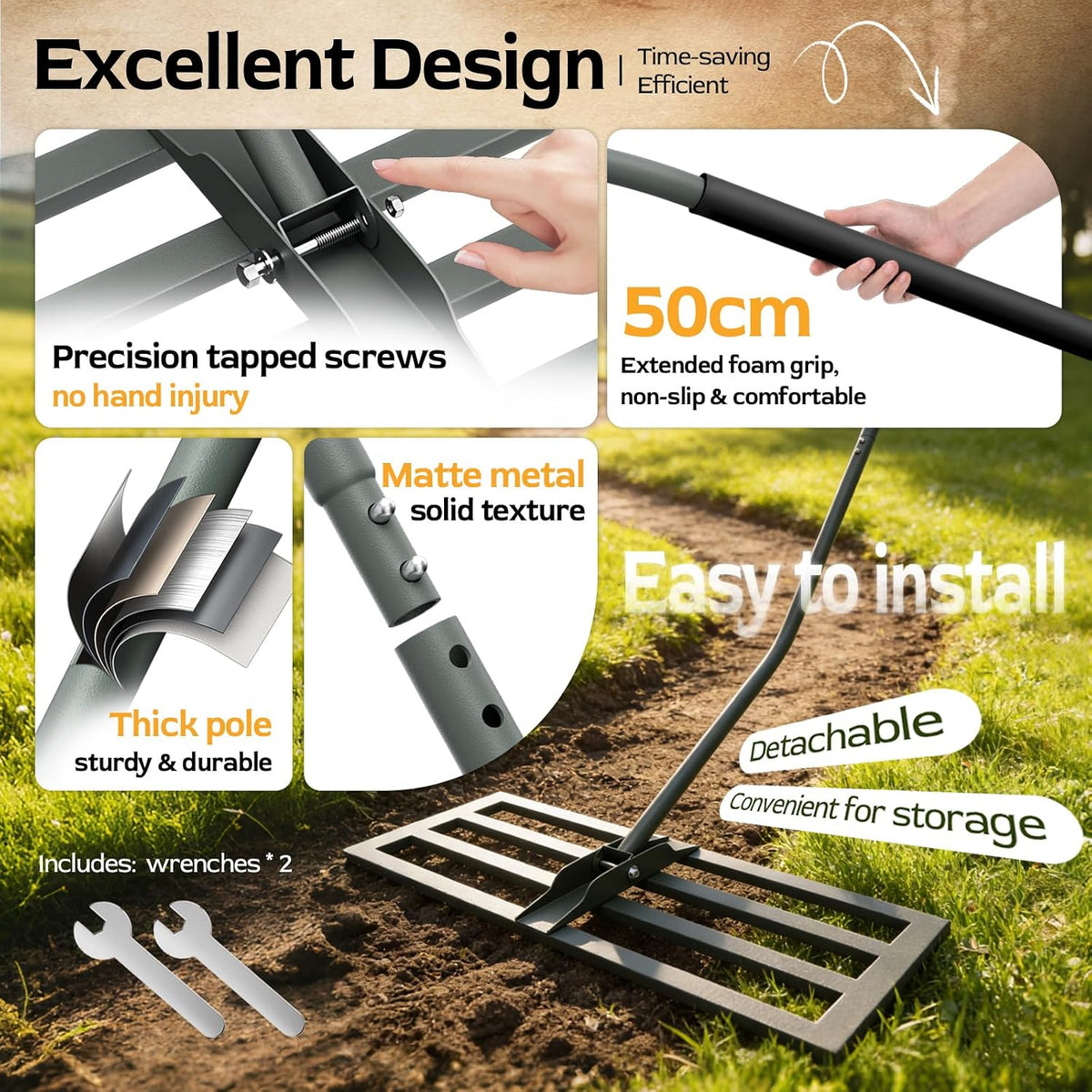Lawn Leveling Rake -31.5''x11.8'' Heavy Duty Leveling Rake, Ergonomic Handle, Professional Ground Leveler for Yard, Soil, Grading, Gravel, Seeding, Do Not Hurt Turf, Save Effort