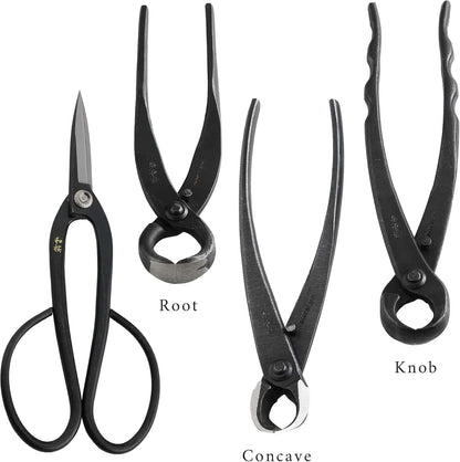 Wazakura Made in Japan 6PCS Bonsai Professional Tool Kit with Roll Bag: Yasugi Steel Ashinaga Scissor, Concave Branch Cutter, Knob Cutter, Jin Plier, Wire Cutter, Root Cutter. Bonsai Tool Set & Case