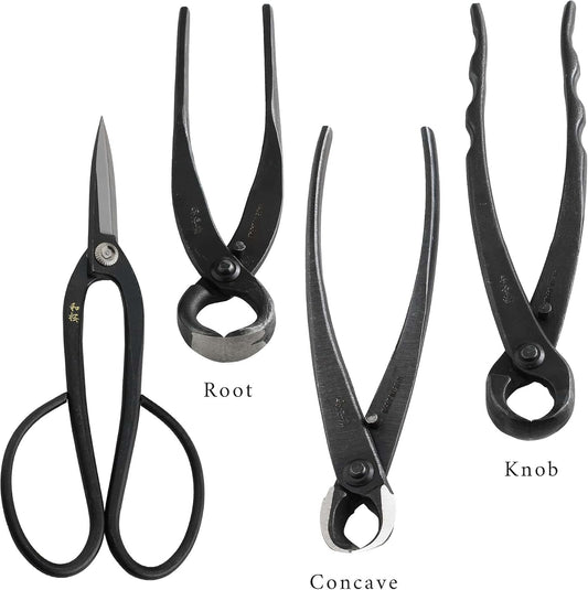 Wazakura Made in Japan 6PCS Bonsai Professional Tool Kit with Roll Bag: Yasugi Steel Ashinaga Scissor, Concave Branch Cutter, Knob Cutter, Jin Plier, Wire Cutter, Root Cutter. Bonsai Tool Set & Case