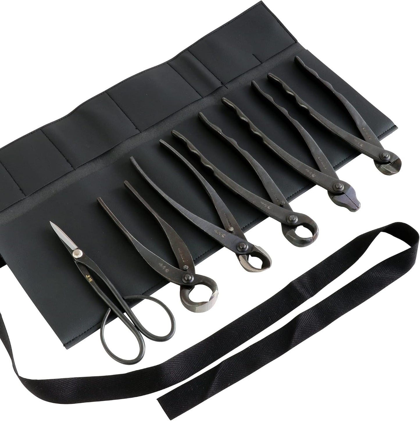 Wazakura Made in Japan 6PCS Bonsai Professional Tool Kit with Roll Bag: Yasugi Steel Ashinaga Scissor, Concave Branch Cutter, Knob Cutter, Jin Plier, Wire Cutter, Root Cutter. Bonsai Tool Set & Case