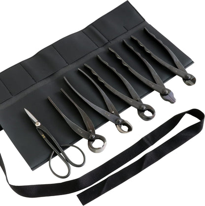 Wazakura Made in Japan 6PCS Bonsai Professional Tool Kit with Roll Bag: Yasugi Steel Ashinaga Scissor, Concave Branch Cutter, Knob Cutter, Jin Plier, Wire Cutter, Root Cutter. Bonsai Tool Set & Case