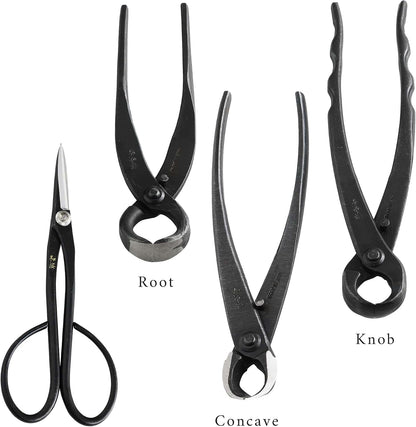 Wazakura Made in Japan 6PCS Bonsai Professional Tool Kit with Roll Bag: Yasugi Steel Ashinaga Scissor, Concave Branch Cutter, Knob Cutter, Jin Plier, Wire Cutter, Root Cutter. Bonsai Tool Set & Case