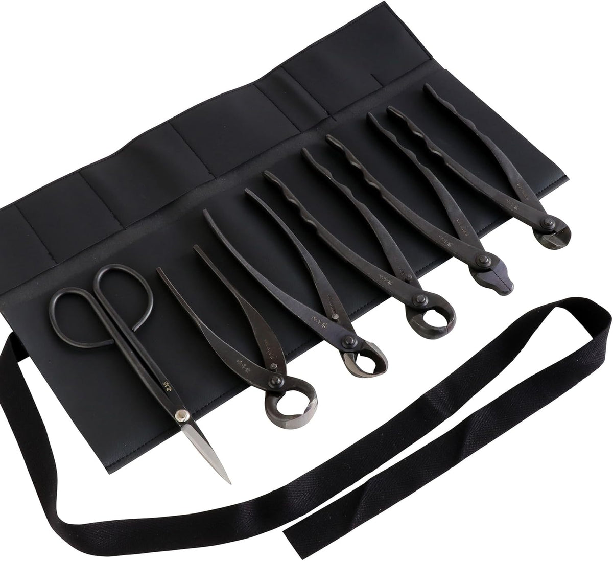 Wazakura Made in Japan 6PCS Bonsai Professional Tool Kit with Roll Bag: Yasugi Steel Ashinaga Scissor, Concave Branch Cutter, Knob Cutter, Jin Plier, Wire Cutter, Root Cutter. Bonsai Tool Set & Case