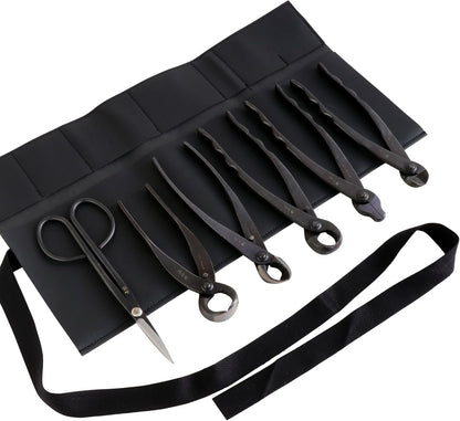Wazakura Made in Japan 6PCS Bonsai Professional Tool Kit with Roll Bag: Yasugi Steel Ashinaga Scissor, Concave Branch Cutter, Knob Cutter, Jin Plier, Wire Cutter, Root Cutter. Bonsai Tool Set & Case