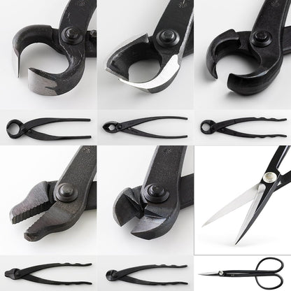 Wazakura Made in Japan 6PCS Bonsai Professional Tool Kit with Roll Bag: Yasugi Steel Ashinaga Scissor, Concave Branch Cutter, Knob Cutter, Jin Plier, Wire Cutter, Root Cutter. Bonsai Tool Set & Case