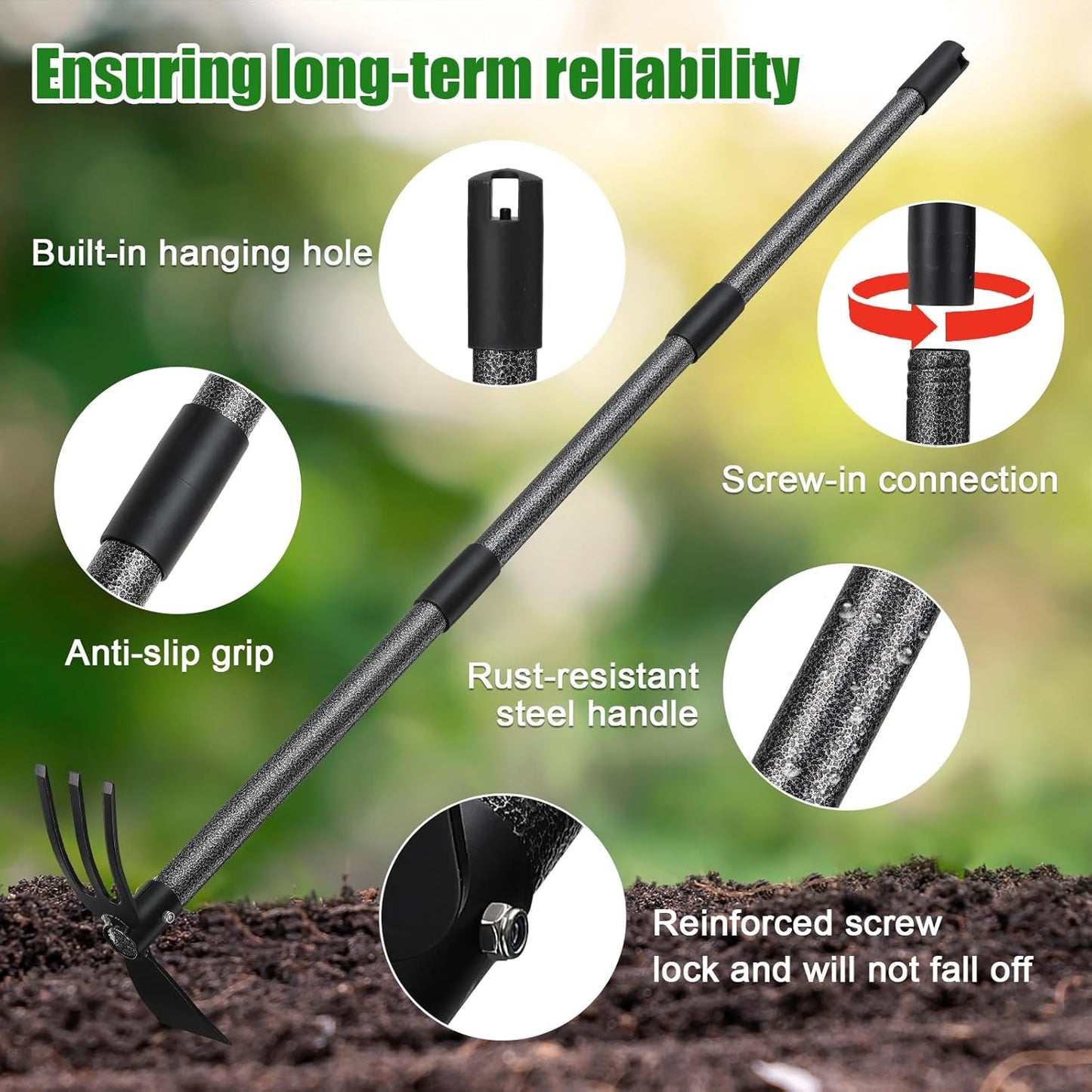 Garden Hoe with 3-Tine Cultivator Rake, 2-In-1 Carbon Steel Sharp Weeding Tool with 60 " Long Handle For Weed Removal, Soil Loosening, Planting,Cultivating In Raised Flower Beds,Vegetable Gardens