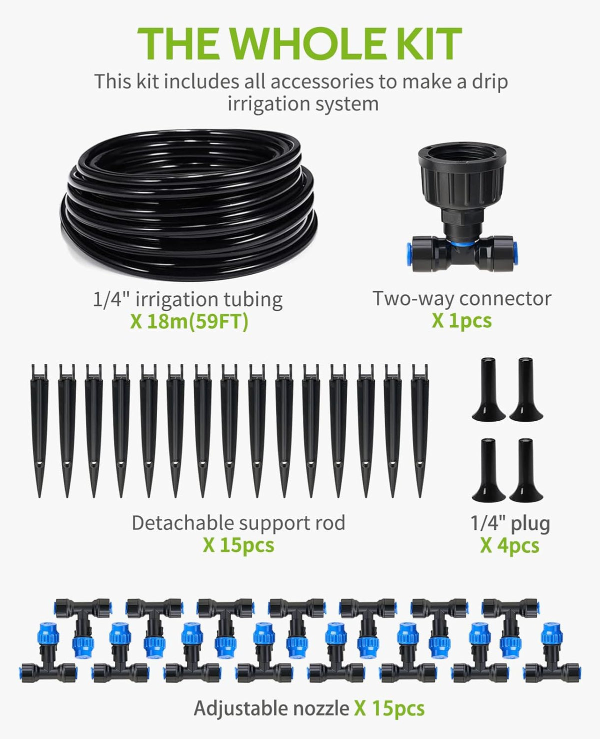 59FT Drip Irrigation Kit, Quick-Connect Garden Watering System