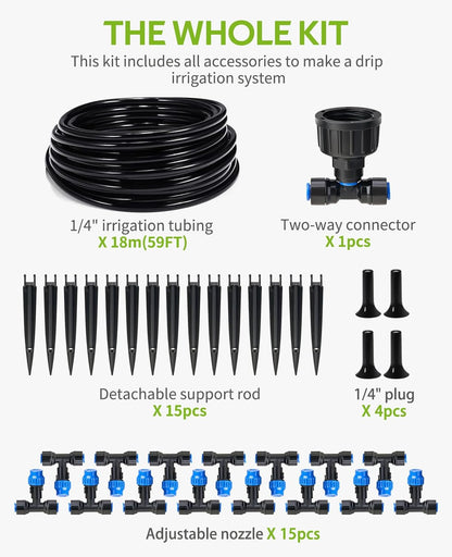 59FT Drip Irrigation Kit, Quick-Connect Garden Watering System