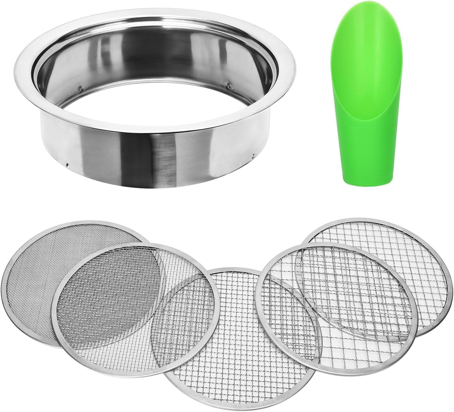 Soil Sieve Set Garden Soil Sifter Stainless Steel Mesh Sifter,Compost Sifter with 1,3,6,9,12mm Sieve Mesh and Bonsai Soil Scoop