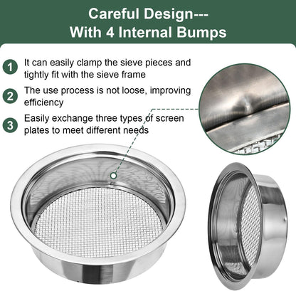 Soil Sieve Set Garden Soil Sifter Stainless Steel Mesh Sifter,Compost Sifter with 1,3,6,9,12mm Sieve Mesh and Bonsai Soil Scoop