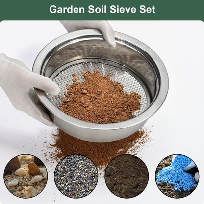 Soil Sieve Set Garden Soil Sifter Stainless Steel Mesh Sifter,Compost Sifter with 1,3,6,9,12mm Sieve Mesh and Bonsai Soil Scoop