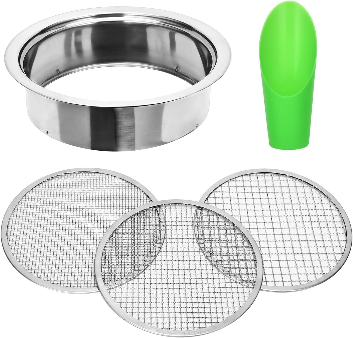Soil Sieve Set Garden Soil Sifter Stainless Steel Mesh Sifter,Compost Sifter with 1,3,6,9,12mm Sieve Mesh and Bonsai Soil Scoop