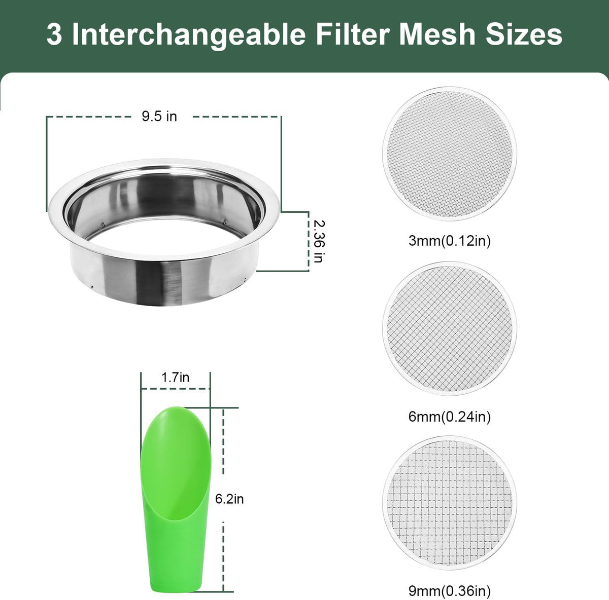 Soil Sieve Set Garden Soil Sifter Stainless Steel Mesh Sifter,Compost Sifter with 1,3,6,9,12mm Sieve Mesh and Bonsai Soil Scoop