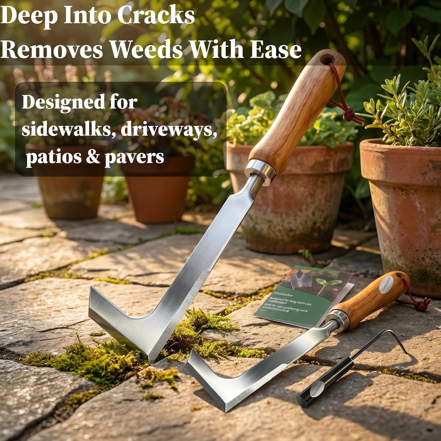 2 Pack Crack Weeder Tool with Bonus Root Hook, Lightweight Manual Weeding Tool for Sidewalk Cracks, Patio, Driveway & Pavers, Ergonomic Weed Remover for Grass, Moss & Small Weeds