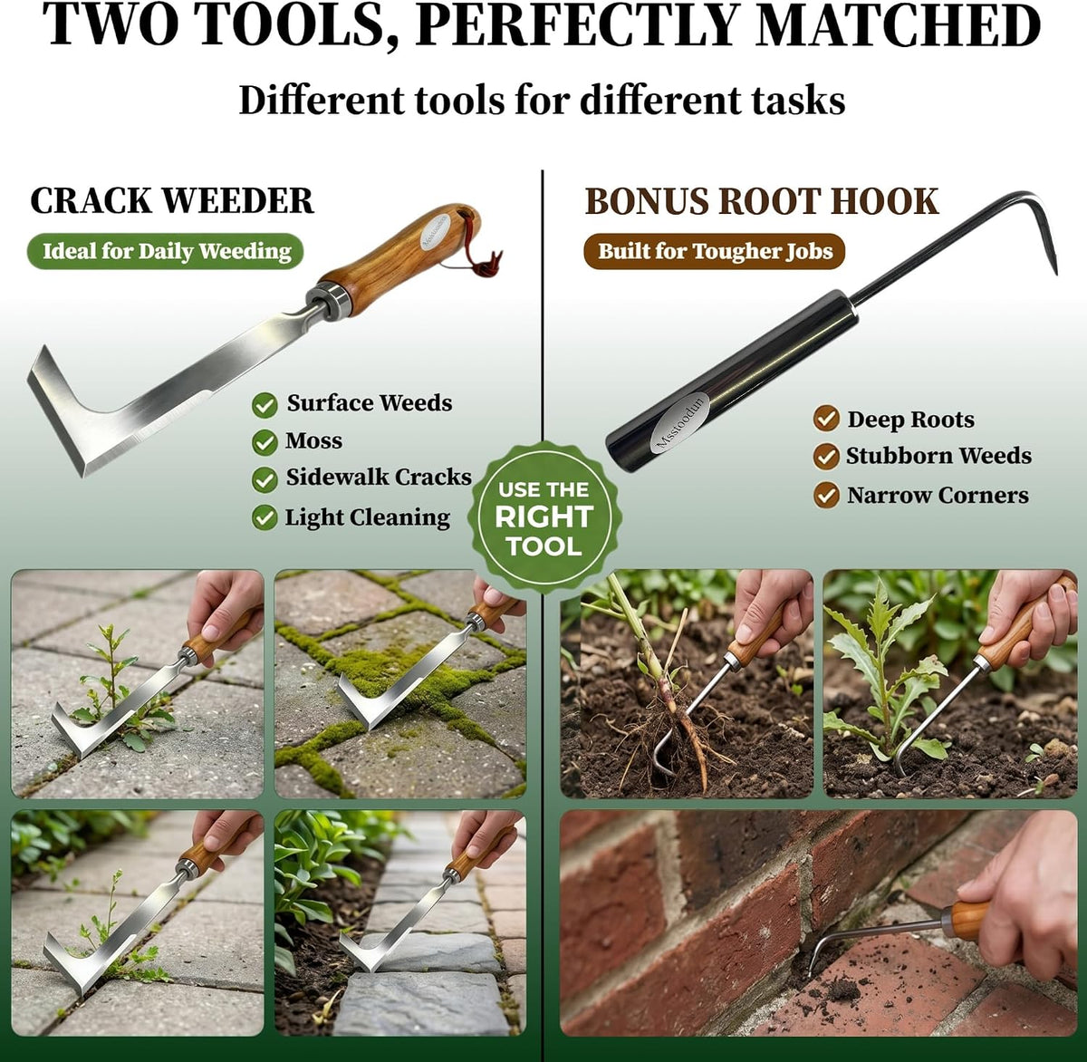 2 Pack Crack Weeder Tool with Bonus Root Hook, Lightweight Manual Weeding Tool for Sidewalk Cracks, Patio, Driveway & Pavers, Ergonomic Weed Remover for Grass, Moss & Small Weeds