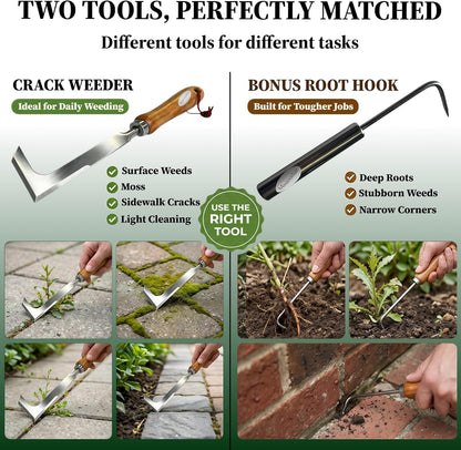2 Pack Crack Weeder Tool with Bonus Root Hook, Lightweight Manual Weeding Tool for Sidewalk Cracks, Patio, Driveway & Pavers, Ergonomic Weed Remover for Grass, Moss & Small Weeds