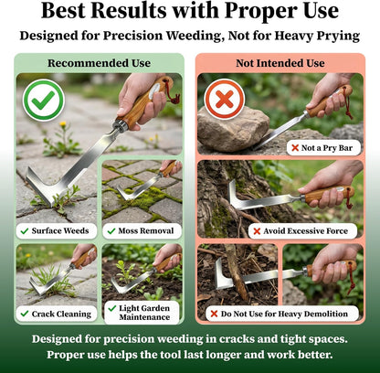 2 Pack Crack Weeder Tool with Bonus Root Hook, Lightweight Manual Weeding Tool for Sidewalk Cracks, Patio, Driveway & Pavers, Ergonomic Weed Remover for Grass, Moss & Small Weeds