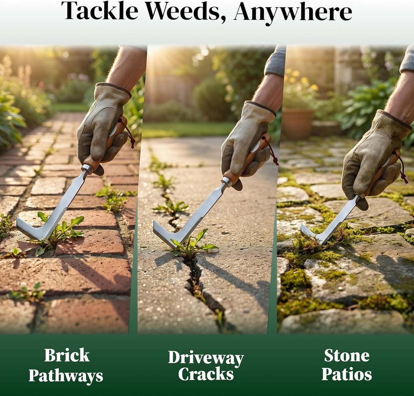 2 Pack Crack Weeder Tool with Bonus Root Hook, Lightweight Manual Weeding Tool for Sidewalk Cracks, Patio, Driveway & Pavers, Ergonomic Weed Remover for Grass, Moss & Small Weeds