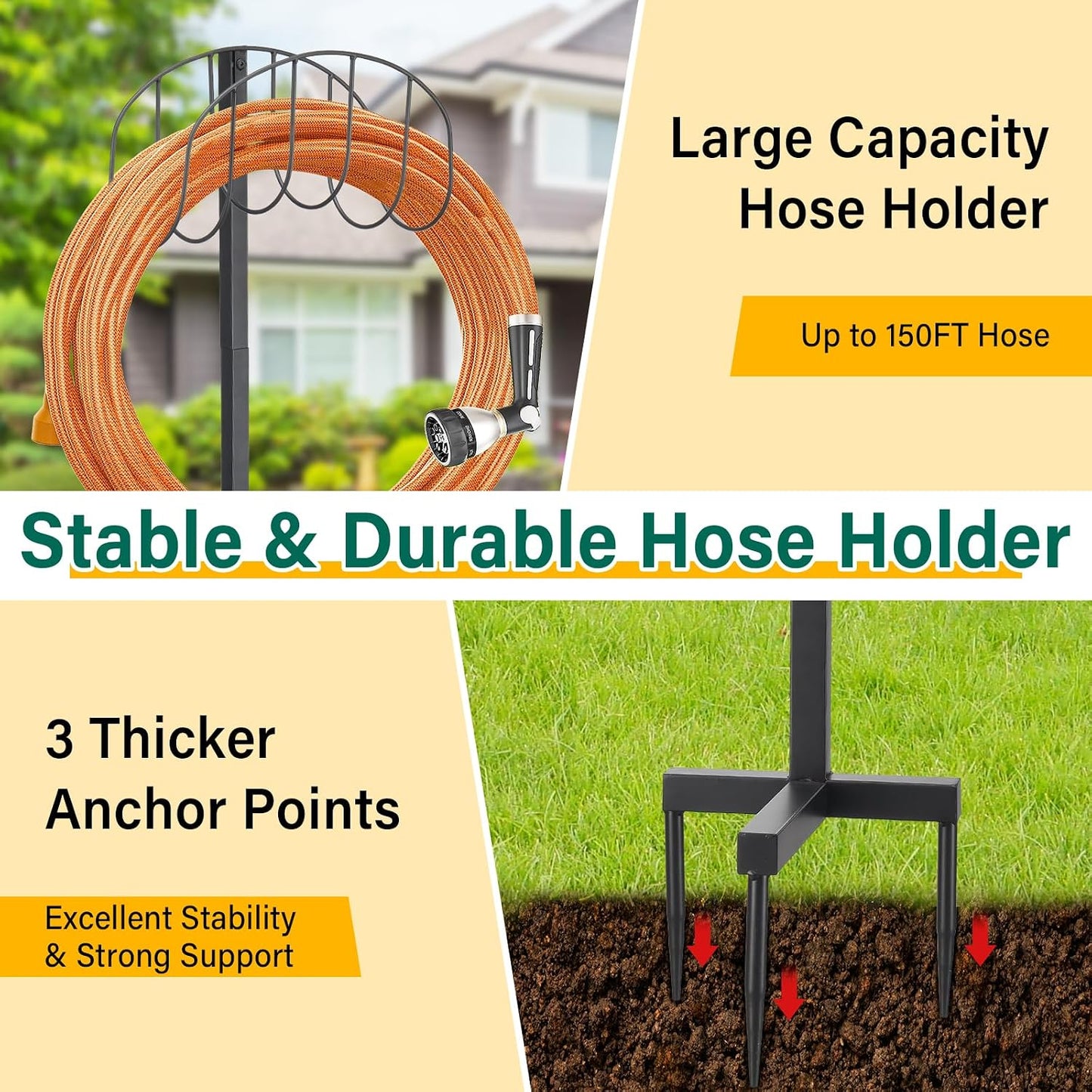 Outside Garden Hose Holder Freestanding Heavy Duty Metal Water Hose Stand Rack Holds 150Ft Detachable In Ground Hose Reel Stand for Lawn Yard Pipe Storage